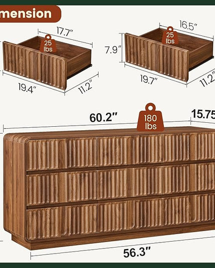 Fluted 9 Drawer Dresser for Bedroom, 60" Wide Modern Chest of Storage Drawers, Wood Dresser & Chest of Drawers with Curved Corners, Dressers TV Stand for Living Room (60" Walnut 9 Drawer)