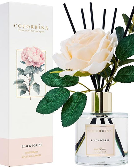 Cocorrina Reed Diffuser Set, Flower Reed Diffuser Black Forest 6.7 oz, Scented Diffuser with Sticks Home Fragrance Essential Oil for Bathroom Shelf Decor, Living Room, Large Room, 1pack