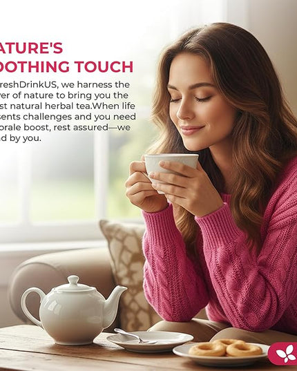 FreshDrinkUS, 40 Tea Bags - Menopause Support Herbal Tea – Soothing Blend with Rhubarb, Hibiscus, Valerian, Passiflora, Ashwagandha, Fennel & Chamomile, Caffeine-Free, Vegan, Non-GMO