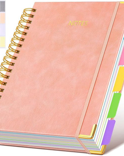 Hardcover Spiral Notebook Journal with Removable Dividers Tabs, 300 Pages Leather 5 Subject Notebook College Ruled, 8"x10" Large B5 Notebooks for Work School Note taking, Lined Journal for Women, Pink