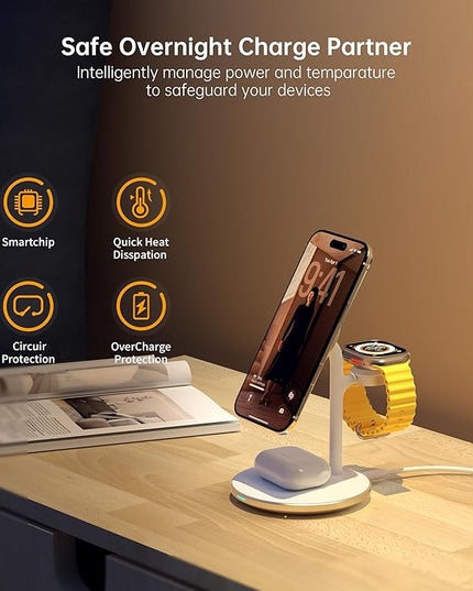 XooFly 3 in 1 Wireless Charging Station for Apple Devices, Fast Wireless Mag-Safe Charger Stand with 20W Adapter for iPhone 17/16 15 14 13 12 Pro Max/Pro/Plus/Air/Mini, iWatch, AirPods (Gold)