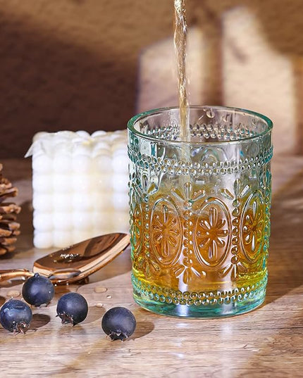 Glassware set of 4, Vintage Drinking Glasses, 10oz Heavy Duty Glass Cups, Colored Glassware Set, Embossed Glasses Set for Party Wedding Home Office Glassesware Gift