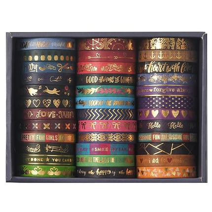 Songdao 36 Rolls Skinny Washi Tape Set Gold Foil Detailing Arts Adhesive Tapes Basic Patterns Decorative Masking Tape Sets for Craft, Kids, Scrapbook, DIY, Gift Wrapping (Bronzing Letters)