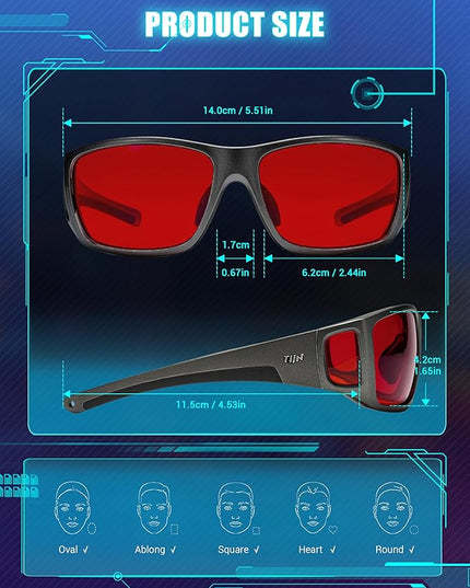 TIJN Sonia Sleep Glasses for Blue & Green Light Blocking,Red Lens with Dual AR Coating,Wraparound Frame for Gaming Screen