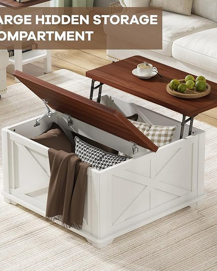 Airynee Farmhouse Coffee Table with Hydraulic Lifter, Square Coffee Table with Large Hidden Storage Compartment for Living Room, Wooden Coffee Tables with Brown Flip-Top Lids for Home Office, White