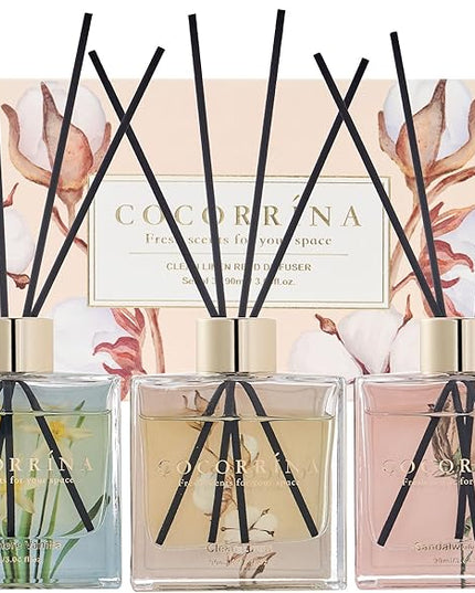 COCORRÍNA Reed Diffuser Set of 3-3 Pack/ 3.04 Fl.oz Diffuser with 24 Sticks Cashmere Vanilla/Sandalwood Rose/Clean Linen Reed Diffuser for Home Bathroom Office Decor