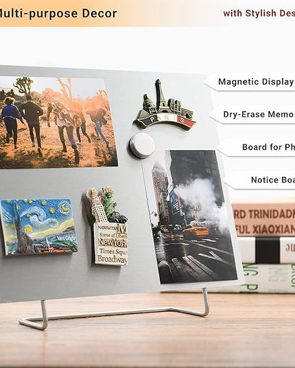 Large Magnetic Bulletin Board – Dry Erase Memo Board with Stand – Metal Easel for Magnet Display – 12x10 Inches + 4 Magnets