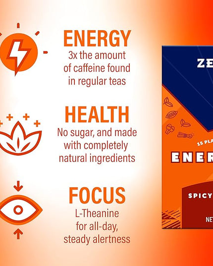 Zest Energy Black Tea - Spicy Masala Chai - High Caffeine Cardamom Ginger Tea with Cinnamon, Cloves & Vanilla Chai - Caffeinated Coffee Alternative - Natural, Non-GMO & Keto - 15Ct Box - 150mg Caf