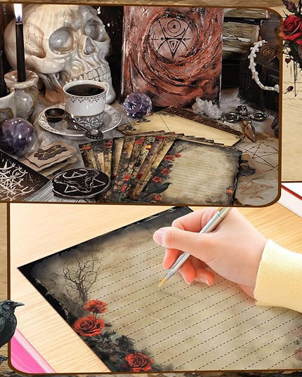 TaoBary 160 Pcs Stationery Paper Set 50 Double Sided Stationery Papers with 50 Matching Envelopes and 60 Round Dot Sticker, 10 Design(Gothic Style,8.5 x 11 Inch)