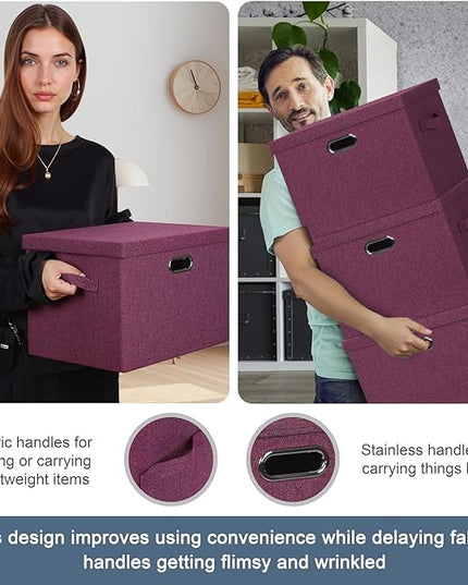 Large 17" 36 Quart Collapsible Stackable Storage Bins with Lids, 3 Packs Purple Linen Fabric Closet Boxes with Lids, Storage Cube Baskets Container Organizers for Bedroom Office (17x12x11)
