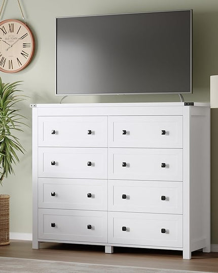 BORNOON Tall 8-Drawer Dresser, Modern Wooden Storage Chest of Drawers, Dresser TV Stand, Wood Drawer Organizer with Metal Handles for Bedroom, Living Room, Hallway