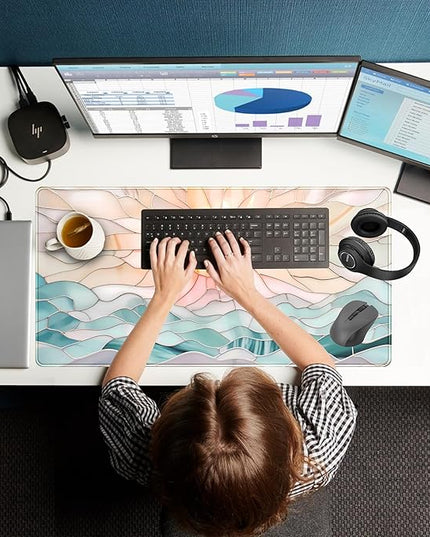 Desk Mat Gaming Desk Pad Large Mouse and Keyboard Pad, Abstract Serene Ocean Sunrise Mouse Mat XXL, Pastel Desk Protector Mat Computer Mats for Desktop Sun & Waves Office Decor 31.5" x 15.7"