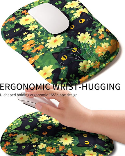 Hokafenle Ergonomic Wrist-Hugging Mouse Pad Wrist Support, U-Shaped Holding Wrist Rest Mousepad for Carpal Tunnel Pain Relief with Cushioned Memory Foam Slope Massage Bulge(10.2x8.3 in,Big Eyed Cat)