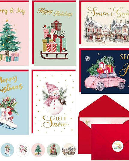 Thboxes Christmas Cards, 36 Pack Merry Christmas Cards with Envelopes & Stickers, 4x6 Inch Holiday Card, 6 Assorted Designs Greeting Card for Xmas
