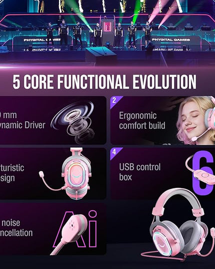 FIFINE Wired RGB Gaming Headset, PC Over-Ear Streaming Headset with USB, 7.1 Surround Sound, Noise-Cancelling Mic, Soft Ear Pads, 4 EQ Modes for PC, Laptop, Mac, PS4, PS5 - AmpliGame H13P (Pink)
