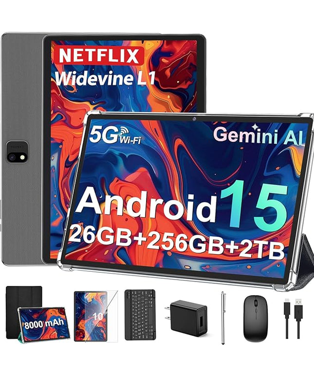 JJGJ 2026 Android 15 Tablet with Keyboard, 26GB+256GB, 2TB Expand, 10 Inch Tablet with Octa-Core, 8000mAh, 5G WiFi, BT5.0, Widevine L1, Gemini AI, 2-in-1 Tablets with Case, Mouse, Stylus(Black Case)