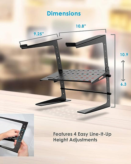 Pyle Portable Adjustable Laptop Stand - 6.3 to 10.9 Inch Standing Table Monitor or Computer Desk Workstation Riser with Shelf Storage and Height Alignment for DJ, PC, Gaming, Home or Office - PLPTS26