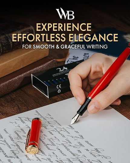 Wordsworth & Black Fountain Pen Set, 18K Gilded Fine Nib, Includes 24 Pack Ink Cartridges, Ink Refill Converter & Gift Box, Gold Finish, Calligraphy, [Crimson Red], Perfect for Men & Women