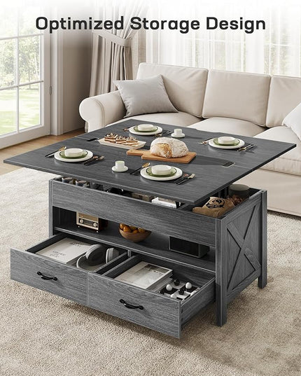 Marsail 40" Lift Top Coffee Table, 4 in 1 Coffee Table with Hidden Compartment, 1 Open Shelf and 2 Drawers, Multifunctional Farmhouse Center Table for Living Room and Home Office, Gray