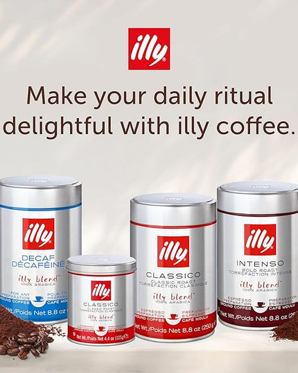 illy Ground Espresso Coffee, Classico Medium Roast, 100% Arabica, Premium Italian Coffee, Pre-Ground for Espresso Machines, 8.8oz, 12 Pack