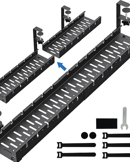 No Drilling Extendable Under Desk Cable Management, Metal Cable Management Tray Under Desk with Clamp, Retractable Power Strip Cord Holder for Wire Management 31Inch (1 Pack Black or white random 31')