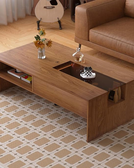 NessCarsti Coffee Table with LED Lights, 51" Modern Rectangular Living Room Center Table with Storage Shelves & Hidden Compartment, Stylish Tea Table for Apartment, Home, Office