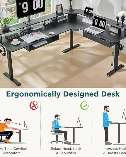 RedLemon 75X60 Inches L Shaped Electric Standing Desk, Height Adjustable Corner Gaming Desk with Drawers, Power Outlets & LED Lights, Computer Desk with Monitor Shelf, Carbon Fiber Black