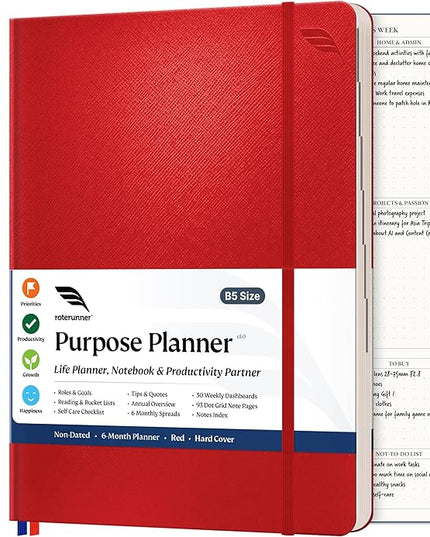 Roterunner Purpose Planner Notebook B5 7.5”x9.8” Undated Planner 2025 Daily Weekly and Monthly Productivity Goal Setting Tool for Work Home ADHD Planner for Adults Self Care Journal