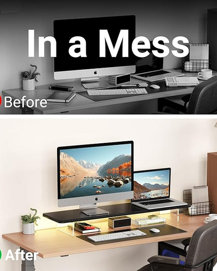 Monitor Stand Riser,31.5-Inch LED Light Wood Computer Monitor Stand with Adjustable Acrylic Legs,Desk Accessories Desktop Organizer Stand for, Computer,Laptop,Printer,PC TV Screen Riser,Black