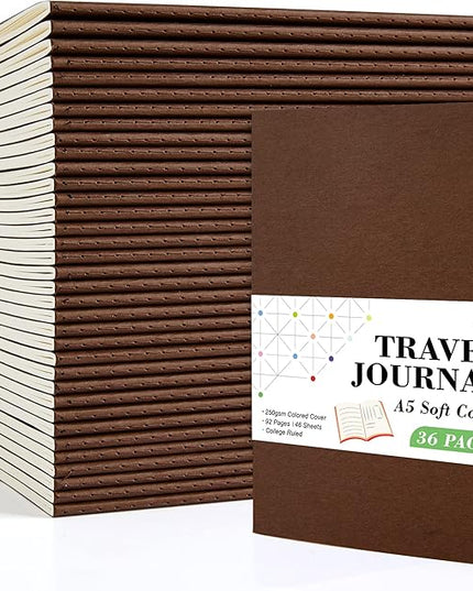 36 Pack Soft Cover Journal Bulk, Feela Lined Blank Travel Journal for Women Men Writing, Notebooks College Ruled for Work, Note Taking Notebook School Business Supplies, 8.2” x 5.5”, A5, Brown