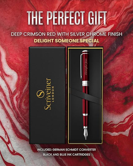 Scriveiner Personalized Deep Crimson Red Pen - Stunning Red Lacquer Luxury Pen with Chrome FinishGerman Schmidt Nib (Medium), Best Engraved Fountain Pen Gift Set for Men & Women, Name Engraving