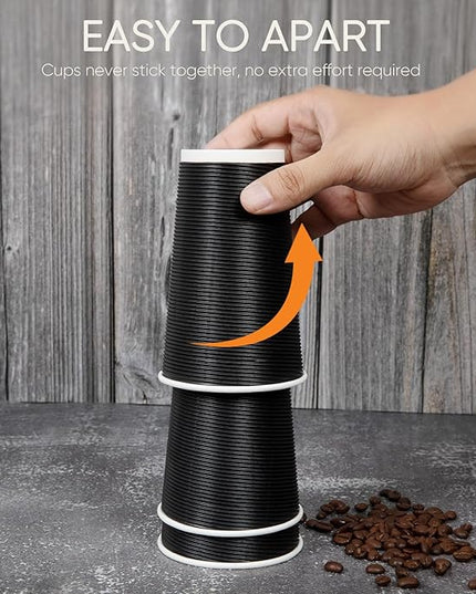 Coolcap 100 Pack 16 oz Disposable Coffee Cups with Lids and Straws, Insulated Ripple Wall To Go Paper Corrugated Cups, Bulk for Hot/Cold Drinks, Cafe Bar, Office, Chocolate, Cocoa (Black)