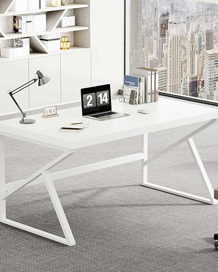 HSH White Computer Desk, Modern Wood Home Office Desk, PC Desk for Executive Work Writing Study Gaming Student Bedroom, Farmhouse Simple Wooden and Metal Computer Table Workstation, White Oak 55 Inch