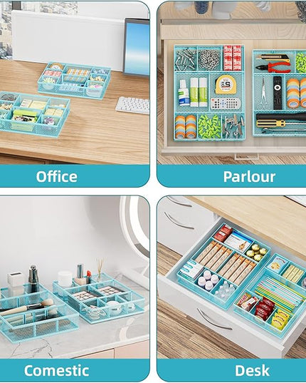 Marbrasse 2 Pack Desk Drawer Organizer, Mesh Drawer Organizer Tray with 8 Adjustable Compartments, Desk Organizers and Accessories, 5 Dividers Drawer for Office Supplies, Makeup & Vanity (Blue)