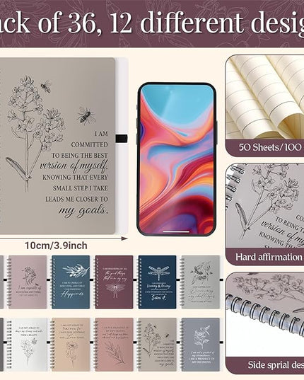 Kosiz 72 Pcs/36 Set Positive Affirmation Gifts Gratitude Spiral Notebooks with Pens Motivational Encouragement Notepads Daily Affirmations Journal for Women Valentine Galentine Gifts (Simple)