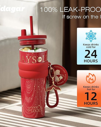 24 oz Tumbler with Lid and Straw, Insulated Coffee Mug Leak Proof, Portable Iced Travel Water Bottle, Reusable Thermal Coffee Cup, Gifts for Women, Scarlet Red