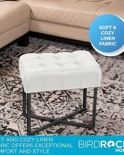 BIRDROCK HOME Rectangular Tufted Foot Stool Ottoman with Soft Padded Cushion - Versatile Vanity Chair for Bedroom, Living Room, Bathroom - Compact Seating for Adults - Cream with Black Metal Legs