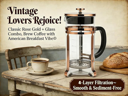 French Press Coffee Maker 34 oz, 304 Stainless Steel Double Mesh Filter, Borosilicate Glass, Heat-Resistant, BPA-Free, Large Capacity for Family & Office, Great Gift