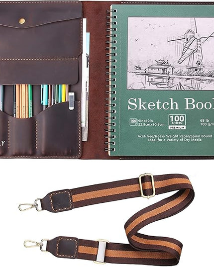 Robrasim Handmade Leather Sketchbook Cover, Artist Sketch Pad Holder for 9"X12" Sketchbook, Drawing Book and Pencil Case, Journal Notebook Portfolio with Shoulder Strap, Artist Gifts, Coffee