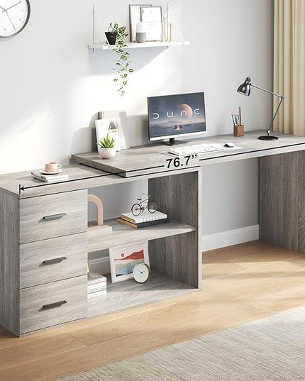 HSH 360° Rotating L Shaped Computer Desk with 3 Drawers and 2 Shelves, Home Office Swivel Desk for Work Writing Study Gaming, Reversible Wood Corner Desk with Storage Cabinet, Light Grey Oak, 55 Inch