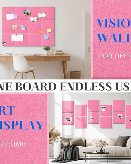 DOLLAR BOSS Large Cork Board for Wall 48" x 36" x 0.5" Pink Bulletin Board 12 Packs Corkboard Tiles Self Adhesive Felt Wall Tiles for Office Home School, Pink