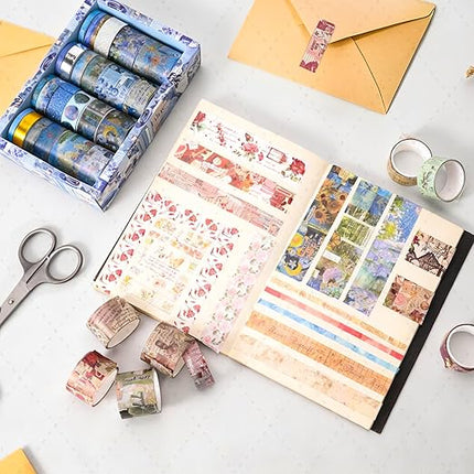FTTELK 24 Rolls Vintage Washi Tape Set,Glitter Floral Decorative Adhesive Tape for Scrapbooking Supplies,Junk Journal,DIY Crafts,Planners and Gift Wrapping(Romantic Eternal Series)
