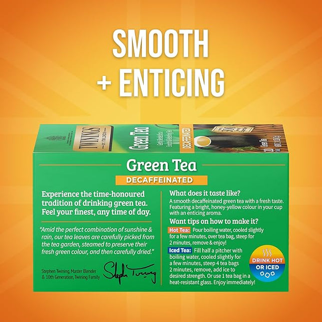 Twinings Decaffeinated Green Tea Individually Wrapped Bags, 20 Count (Pack of 1), Smooth Flavour, Enticing Aroma, Enjoy Hot or Iced, 20 Teabags