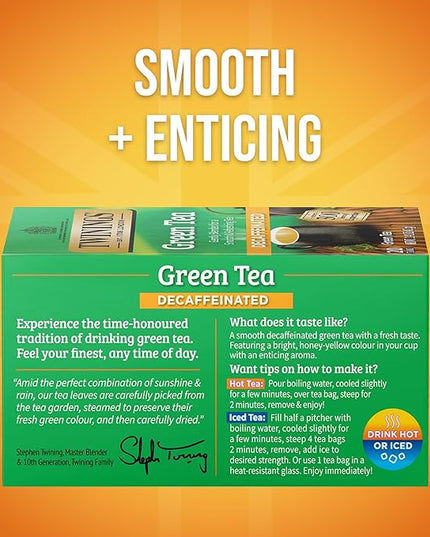 Twinings Decaffeinated Green Tea Individually Wrapped Bags, 20 Count (Pack of 6), Smooth Flavour, Enticing Aroma, Enjoy Hot or Iced, 120 Teabags