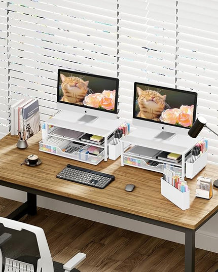 OPNICE Desk Organizers and Accessories, 2-Tier Computer Monitor Stand Riser with Drawer and 2 Pen Holders, Laptop Stand, Office Desk Accessories for Office Supplies, White Wood
