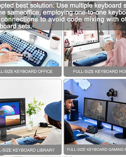 FOPETT Wireless Keyboard and Mouse Combo - 2.4G Full-Sized Cute Colorful Mouse and Keyboard with 104 Round Keys Retro Typewriter Keyboard for Laptop/Windows/PC - Blue Gradient