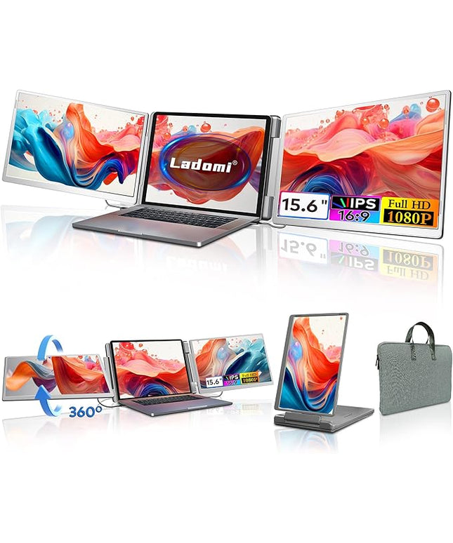 Laptop Screen Extender, 15.6" FHD Laptop Monitor Extender, Triple Portable Monitor for 12"-18.5" Laptops, Plug & Play, 360° Rotation Screen, Compatible with MacOS/Wins/Switch/Surface