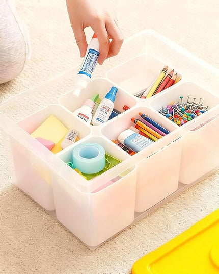 loobuu Plastic Storage Bins with Lids, Art Craft Supply Organizer Box with Brush Pot, Multipurpose Stackable Storage Containers for Organizing Tool, Craft, Crayon,Sewing(Yellow)