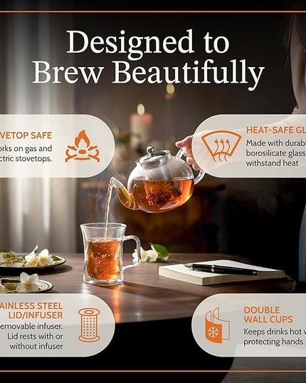James Bentley Glass Coffee and Tea Set – Borosilicate Glass Teapot Set for Adults with 40oz Teapot & 4 Insulated Glasses, Stainless Steel Strainer for Bags and Loose Tea– Microwave, Dishwasher Safe