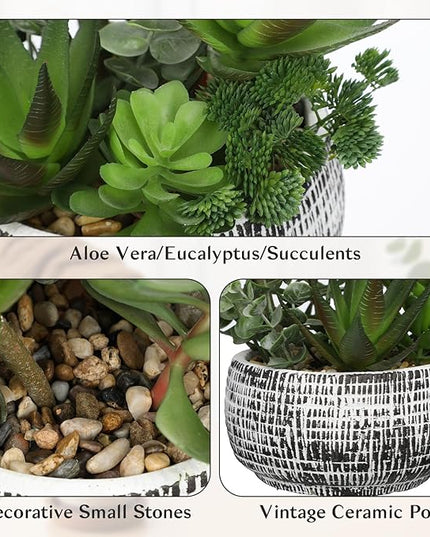 11” Large Succulents Aloe Plants Artificial in Ceramic Pots Potted Faux Succulent Eucalyptus Arrangement with Black Bowl Pots Fake Desk Succulents Plants for Home Bathroom Shelf Table Indoor Decor